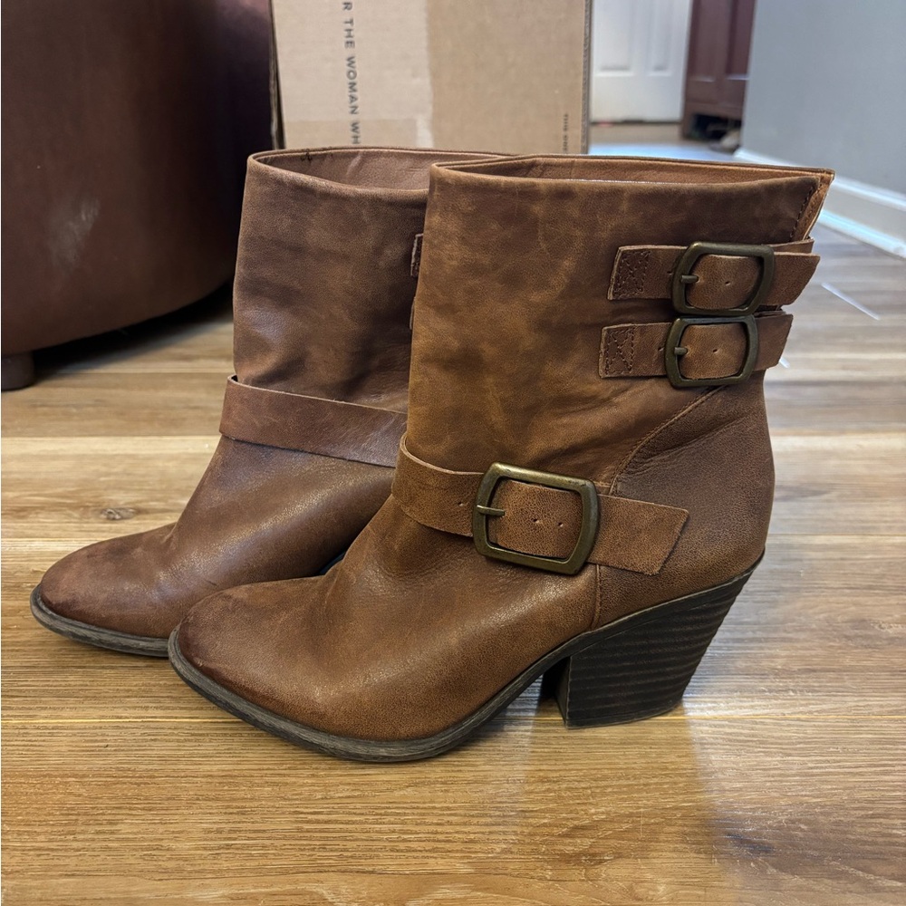 Lucky Brand Brown Buckle Ankle Booties